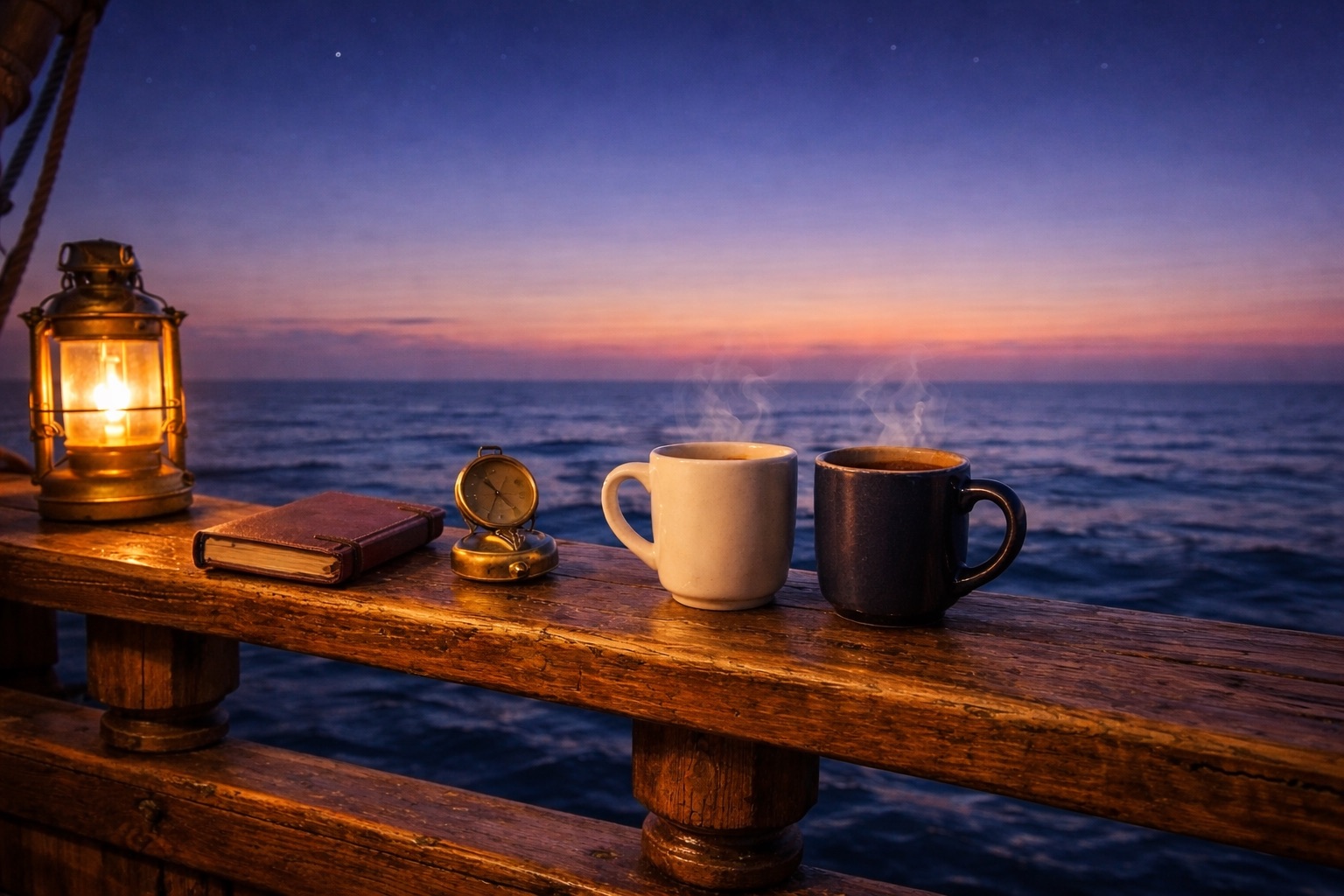 A warm wooden deck at twilight. A lantern glows softly on the left, beside a leather notebook. A brass compass sits open between two steaming mugs on the weathered rail. Beyond, a calm sea under a sky shifting from indigo to soft peach, with a few faint stars.
